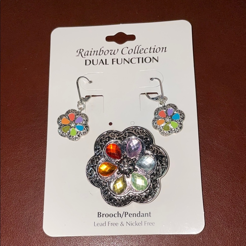Multicolor Flower Brooch Pendant & Earrings